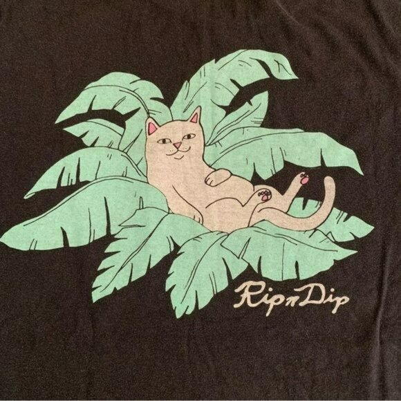 RipNDip unisex black short sleeve shirt with cat in pocket and palm tree -S - Picture 9 of 9